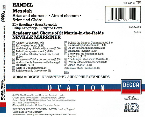 ladda ner album GF Handel, Elly Ameling Philip Langridge, Anna Reynolds Gwynne Howell, The Academy Of St MartinintheFields, Neville Marriner - Messiah Arias And Choruses Based On The First London Performance Of March 23rd 1743