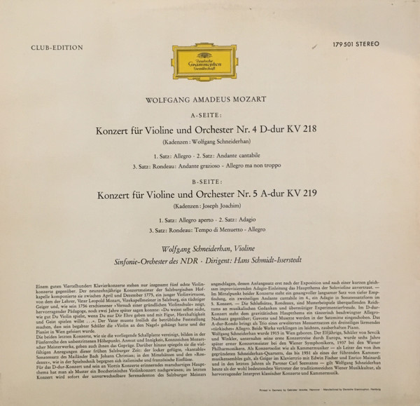 ladda ner album Wolfgang Amadeus Mozart SinfonieOrchester des NDR, Violine, Dirigent - Violinkonzerte Nr 4 D dur KV 218 Nr 5 A dur KV 219