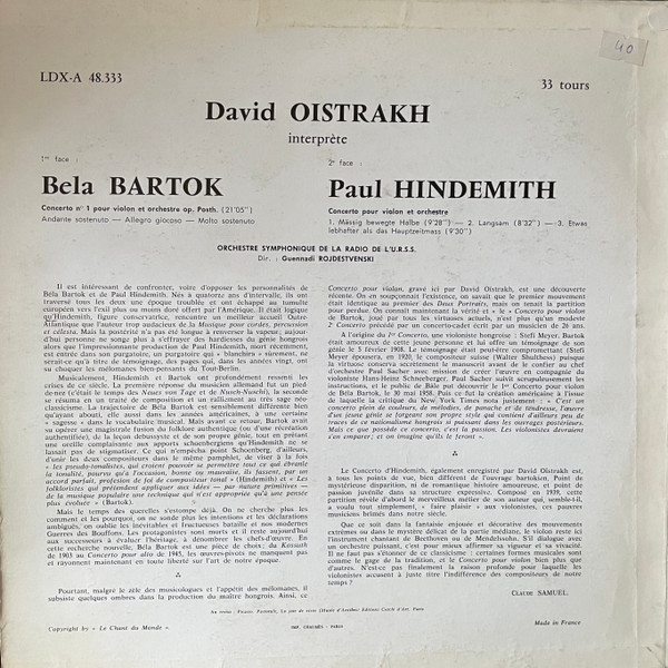 last ned album David Oistrakh Interprète Bela Bartok Paul Hindemith - Concerto N 1 Pour Violon Concerto Pour Violon
