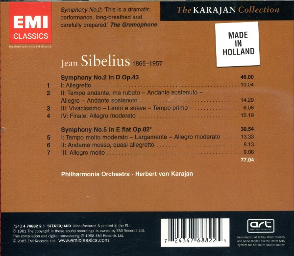 lataa albumi Sibelius Philharmonia Orchestra, Herbert Von Karajan - Symphonies 2 5