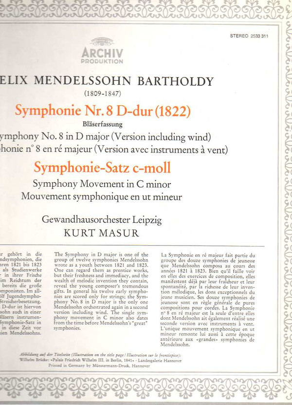télécharger l'album Felix Mendelssohn Bartholdy Gewandhausorchester Leipzig, Kurt Masur - Symphonie Nr 8 Bläserfassung