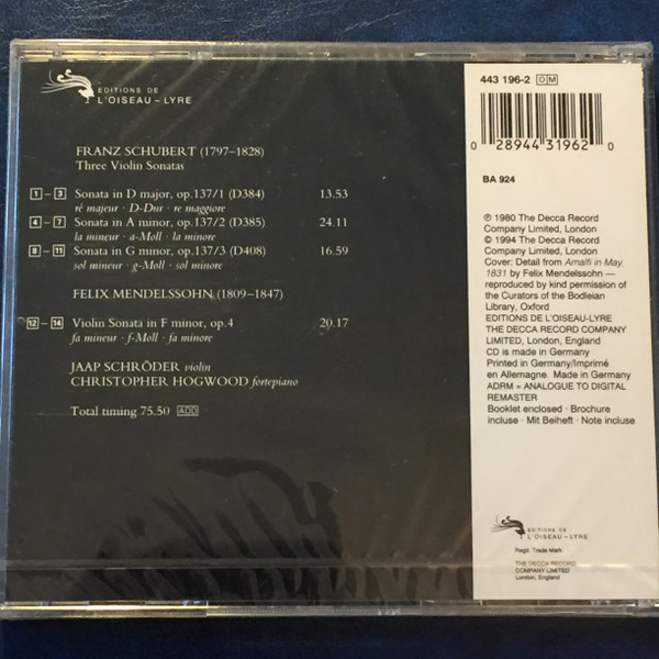 lataa albumi Schubert, Mendelssohn, Jaap Schröder, Christopher Hogwood - Violin Sonatas