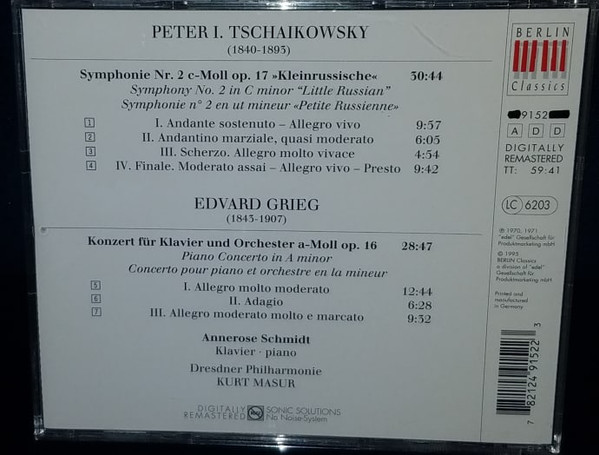 Album herunterladen Tchaikovsky Grieg Annerose Schmidt, Dresdner Philharmonie, Kurt Masur - Symphony No 2 Piano Concerto
