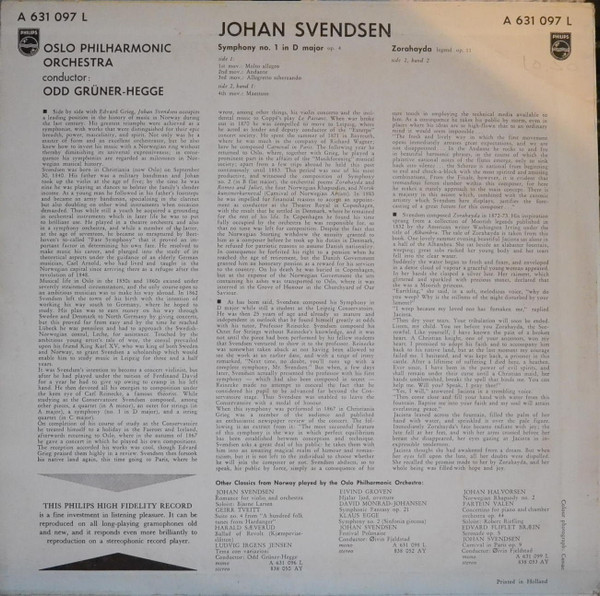 Album herunterladen Johan Svendsen, Oslo Philharmonic Orchestra , Conductor Odd GrünerHegge - Symphony No 1 In D Major Zorahayda