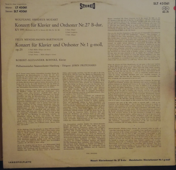 last ned album Mozart, Mendelssohn, RobertAlexander Bohnke, Philharmonisches Staatsorchester Hamburg, Pritchard - Klavierkonzert Nr 27 B dur Klavierkonzert Nr 1 G moll