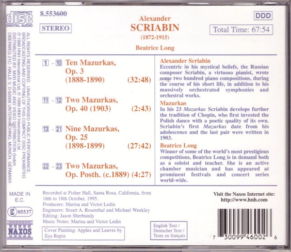 descargar álbum Scriabin Beatrice Long - Mazurkas Complete
