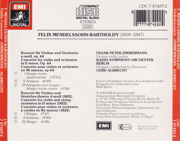 descargar álbum MendelssohnBartholdy, Frank Peter Zimmermann, Radio Symphony Orchestra Berlin, Gerd Albrecht - Violinkonzerte Violin Concertos