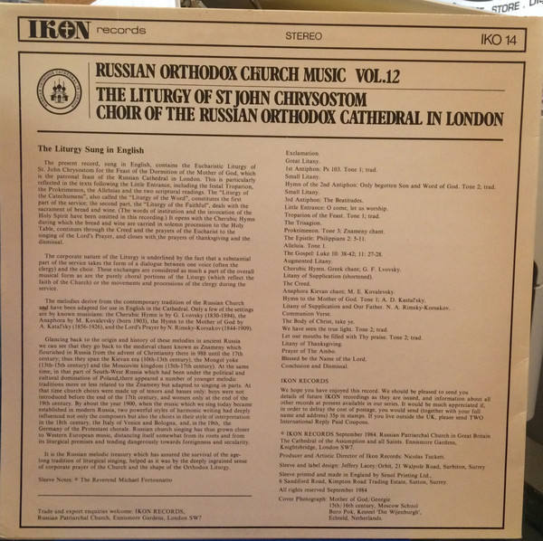 lataa albumi Choir Of The Russian Orthodox Cathedral In London Conducted By Reverend Archpriest Michael Fortounatto - Russian Orthodox Church Music Vol12 The Liturgy Of St John Chrysostom