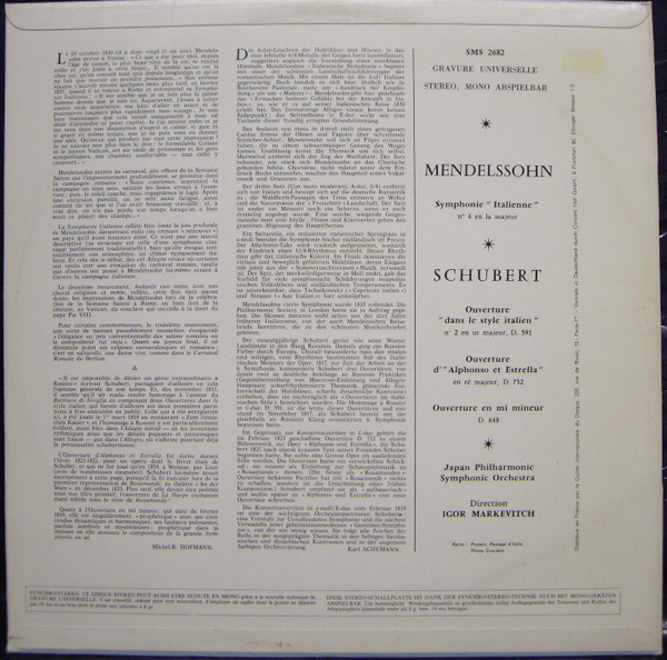 last ned album Mendelssohn, Schubert Japan Philharmonic Symphony Orchestra, Igor Markevitch - Symphonie Nr 4 Italienische Drei Ouvertüren