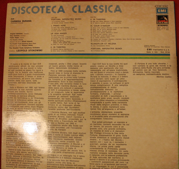 télécharger l'album Carl Orff - Discoteca Classica Carl Orff Carmina Burana The Houston Symphony Orchestra Dir Leopold Stokowski