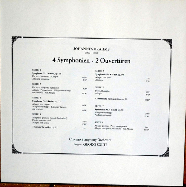 ladda ner album Johannes Brahms Chicago Symphony Orchestra, Sir Georg Solti - Die Vier Symphonien Akademische Festouvertüre Op 80 Tragische Ouvertüre Op 81