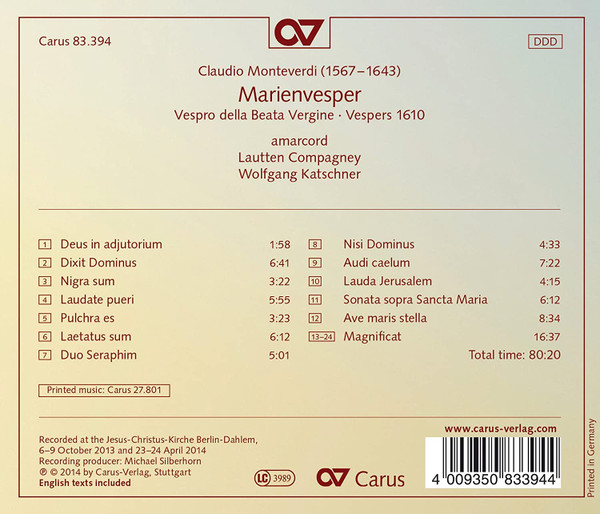 baixar álbum Claudio Monteverdi, Lautten Compagney, Wolfgang Katschner, Amarcord - Marienvesper Vespro Della Virgine Vespers 1610