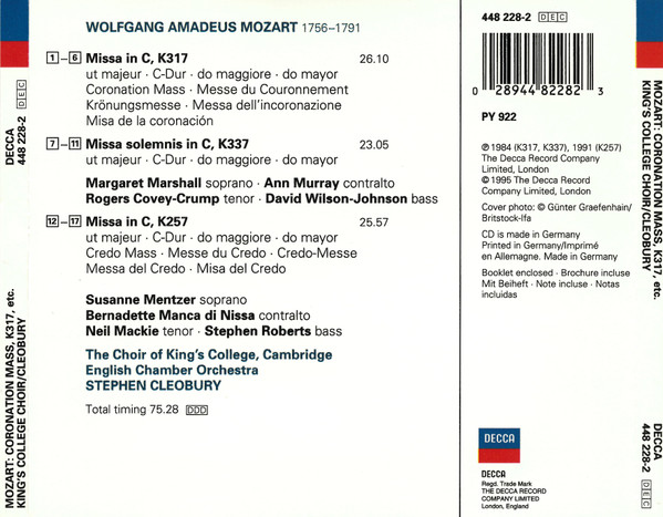 télécharger l'album Mozart, English Chamber Orchestra, The King's College Choir Of Cambridge, Stephen Cleobury - Coronation Mass K317 Missa Solemnis K337 Credo Mass K257