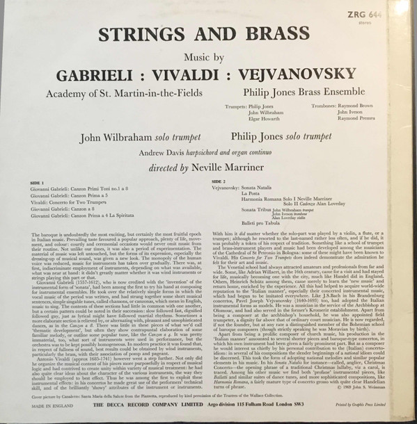 Gabrieli , Vejvanovsky And Vivaldi - John Wilbraham , Philip Jones , Philip Jones Brass Ensemble , Academy Of St. Martin-in-the-Fields , Neville Marriner - Strings & Brass (Music By Gabrieli, Vejvanovsky And Including Vivaldi Concerto For Two Trumpets) | Argo (ZRG 644) - 2