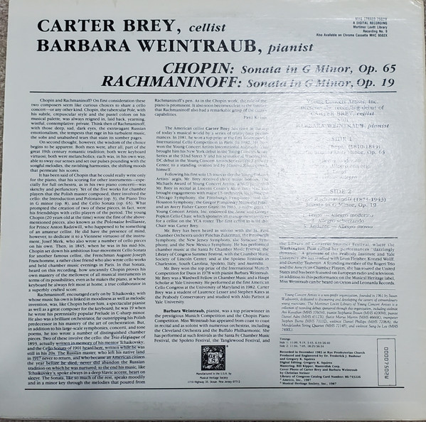 last ned album Carter Brey, Barbara Weintraub - Chopin Sonata In G Minor Op 65 Rachmaninoff Sonata In G Minor Op 19