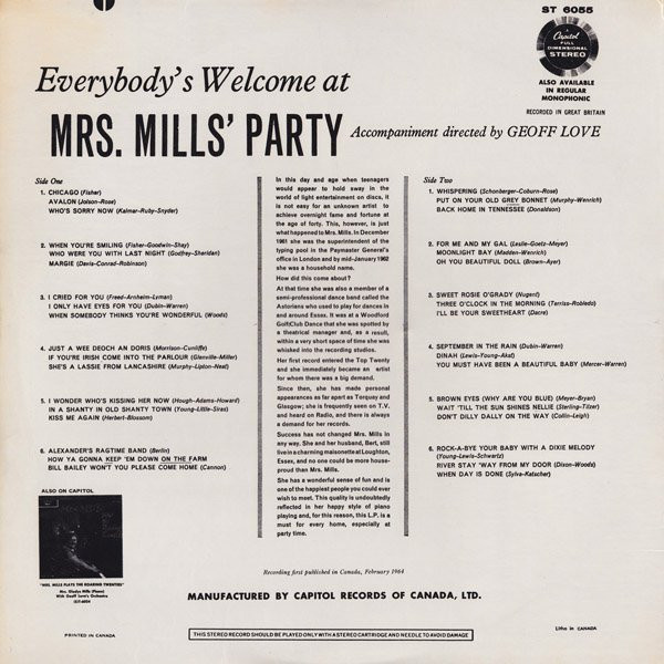 Mrs. Mills - Everybody's Welcome At Mrs. Mills' Party | Capitol Records (ST 6055) - 2