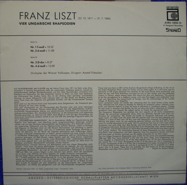 lataa albumi Franz Liszt, Orchester Der Wiener Volksoper (Staatsoper), Anatole Fistoulari - Vier Ungarische Rhapsodien