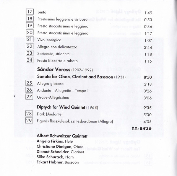 Album herunterladen György Ligeti György Kurtág Sandor Veress Albert Schweitzer Quintett - Ten Pieces For Wind Quintet Six Bagatelles