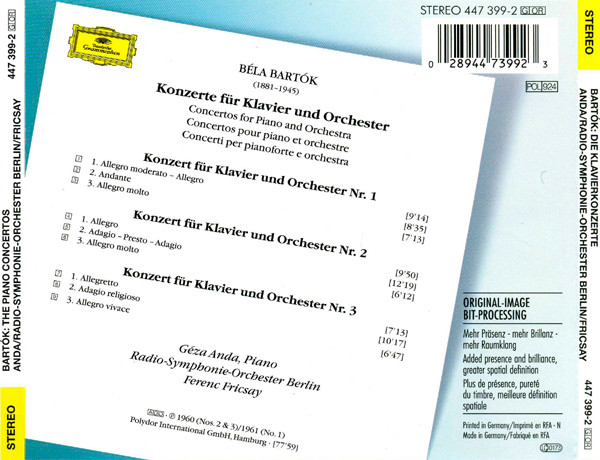 ladda ner album Bartók Géza Anda, Ferenc Fricsay RadioSymphonieOrchester Berlin - Klavierkonzerte 1 3 The Piano Concertos Les Concertos Pour Piano