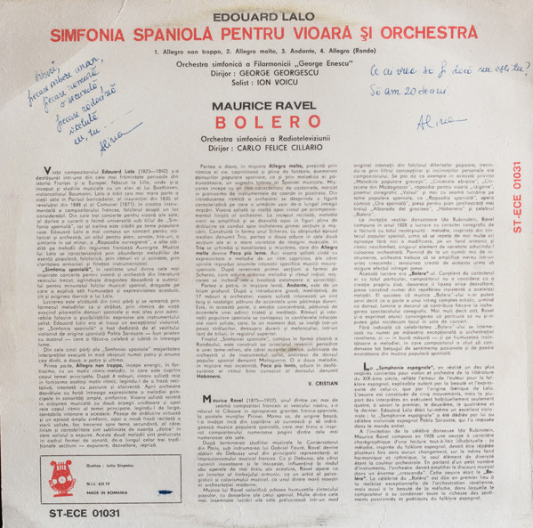 télécharger l'album Lalo Ravel Orchestra Simfonică A Filarmonicii George Enescu Dirijor George Georgescu Solist Ion Voicu Orchestra Simfonică A Radioteleviziunii Dirijor Carlo Felice Cillario - Simfonia Spaniolă Pentru Vioră Și Orchestră Bolero