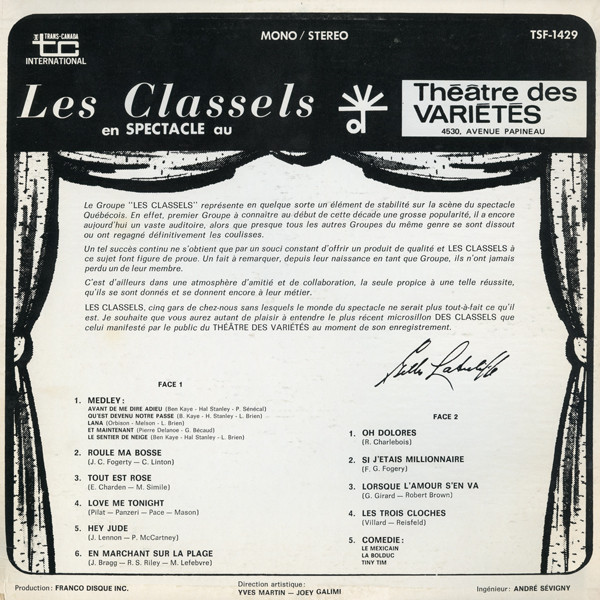 Les Classels - En Spectacle Au Théâtre Des Variétés | Trans-Canada International (TSF-1429) - 2