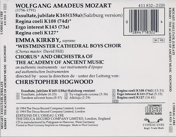 descargar álbum Mozart Emma Kirkby, Westminster Cathedral Boys Choir, Chorus & Orchestra Of The Academy Of Ancient Music, Christopher Hogwood - Exsultate Jubilate Motets Motetten