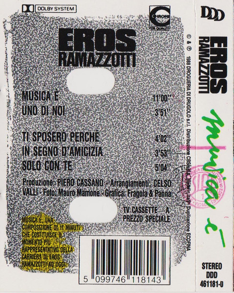 Eros Ramazzotti – Musica È (1988, Dolby, Cassette) - Discogs