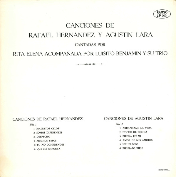 télécharger l'album Rita Elena Acompañada Por Luisito Benjamin Y Su Trio - Las Mejores Canciones De Rafael Hernandez Y Agustin Lara