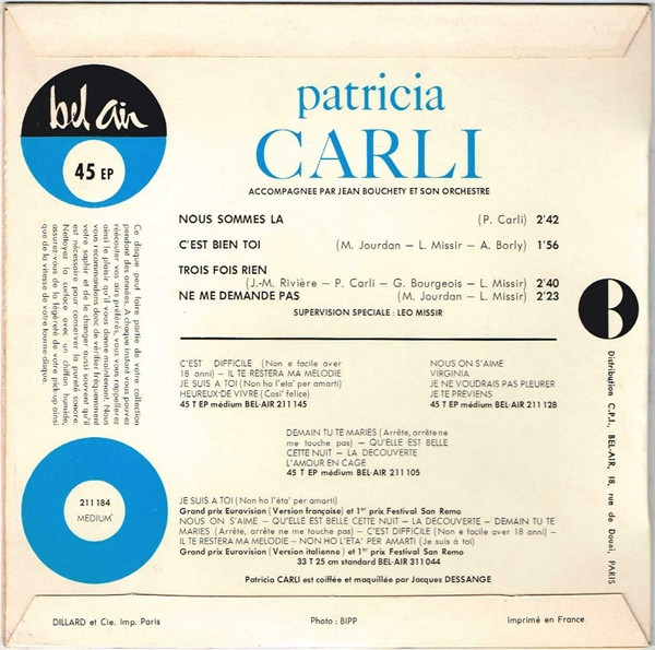 ladda ner album Patricia Carli Accompagnée Par Jean Bouchéty Et Son Orchestre - Nous Sommes Là