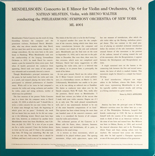 ladda ner album Nathan Milstein, PhilharmonicSymphony Orchestra Of New York, Bruno Walter - Mendelssohn Concerto In E Minor For Violin And Orchestra Op 64