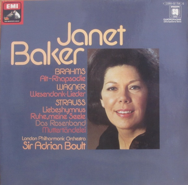 ladda ner album Janet Baker, London Philharmonic Orchestra, Sir Adrian Boult - Brahms Alt Rhapsodie Wagner Wesendonk Lieder Strauss Liebeshymnus Ruhe Meine Seele Das Rosenband Muttertändelei