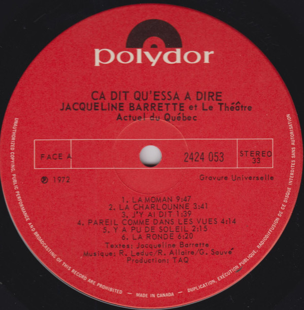 Jacqueline Barrette , Le Théâtre Actuel du Québec - Ça Dit Qu'essa à Dire | Polydor (2424 053) - 4