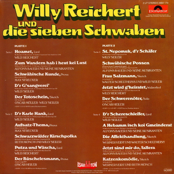 last ned album Willy Reichert Und Die Sieben Schwaben Walter Schultheiß, Max Strecker, Ruth Mönch Willy Seiler, Oscar Müller, Oscar Heiler, Werner Veidt - Lieder Und Geschichten Aus Dem Schwabenland