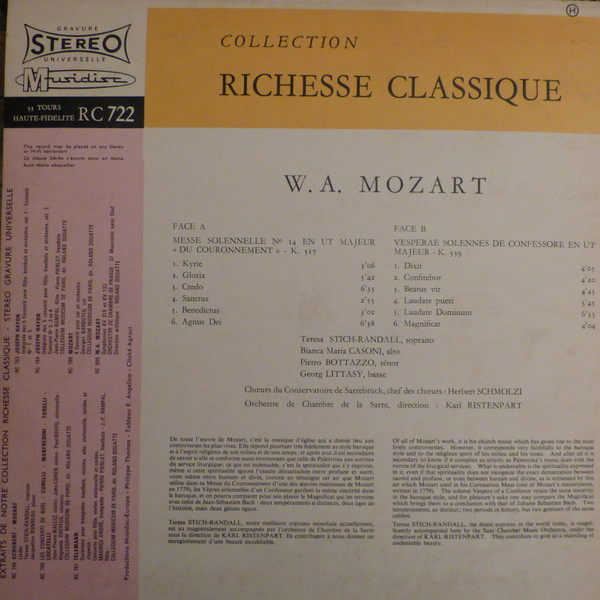 ladda ner album Mozart Teresa StichRandall, Karl Ristenpart, Orchestre De Chambre De La Sarre - Messe Du Couronnement Les Vêpres Solennelles