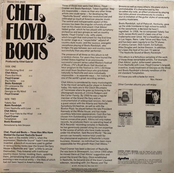 télécharger l'album Chet Atkins Floyd Cramer Boots Randolph - Chet Floyd Boots