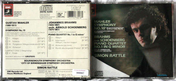 baixar álbum Mahler Brahms Orch Schoenberg, Bournemouth Symphony Orchestra City Of Birmingham Symphony Orchestra, Simon Rattle - Symphony No 10 Revised Performing Version by Deryck Cooke 1966 74 Piano Quartet No1 In G Minor