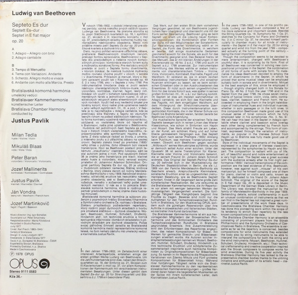 Album herunterladen Ludwig van Beethoven, Bratislavská Komorná Harmónia, Justus Pavlík - Septeto Ed Dur Septet In E Flat Major Op 20