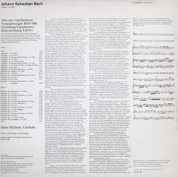 ladda ner album Bach, Hans Pischner - Aria Mit 30 Veränderungen BWV 988 Goldberg Variationen