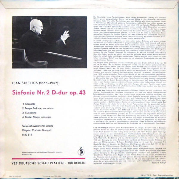 Album herunterladen Jean Sibelius, Gewandhausorchester Leipzig, Carl von Garaguly - Sinfonie Nr 2 D dur Op 43