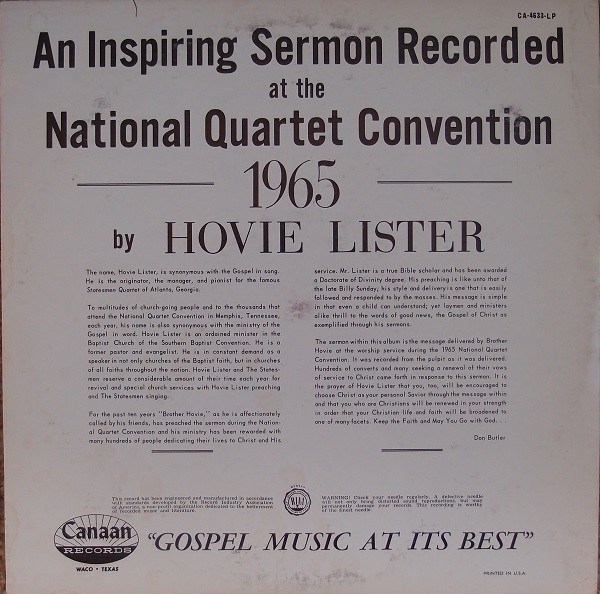 télécharger l'album Hovie Lister - An Inspiring Sermon Recorded At The National Quartet Convention 1965