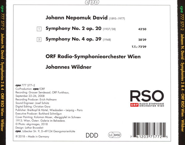 baixar álbum Johann Nepomuk David, ORF RadioSymphonieorchester Wien, Johannes Wilder - Symphonies 2 4