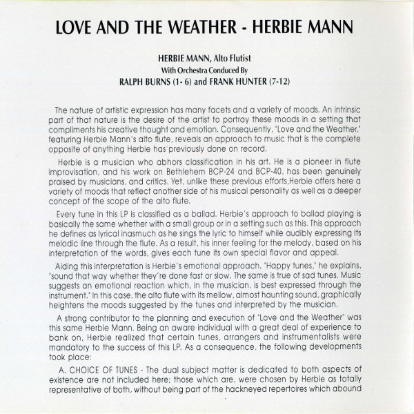 Herbie Mann And Orchestra – Love And The Weather (CD) - Discogs