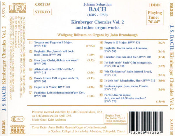Album herunterladen J S Bach Wolfgang Rübsam - Kirnberger Chorales Vol 1 And Other Organ Works