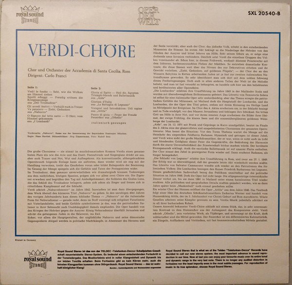 télécharger l'album Giuseppe Verdi Chor Und Orchester Der Accademia Di Santa Cecilia, Rom , Dirigent Carlo Franci - Verdi Chöre