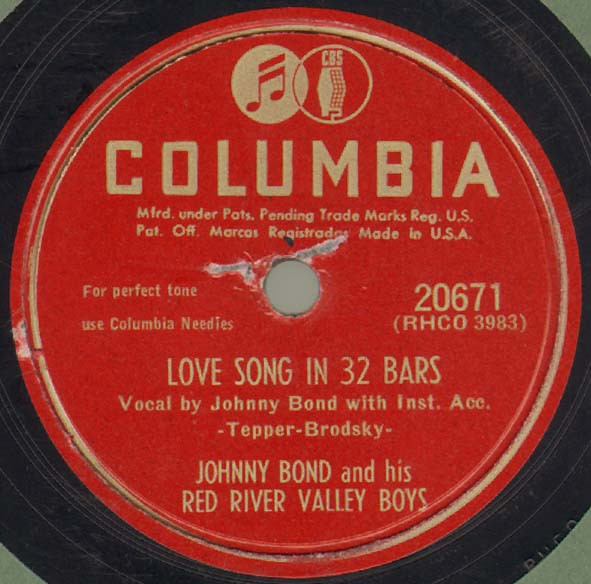 SP JOHNNY BOND AND HIS RED RIVER VALLEY BOYS TENNESSEE, KENTUCKY AND ALABAM' / LOVE SONG IN 32 BARS 米盤