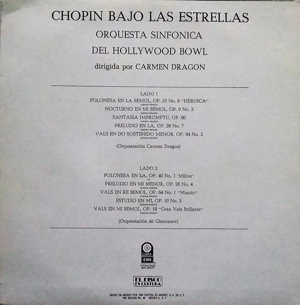 baixar álbum Carmen Dragon Conducting The Hollywood Bowl Symphony Orchestra - Chopin By Starlight Chopin bajo las estrellas