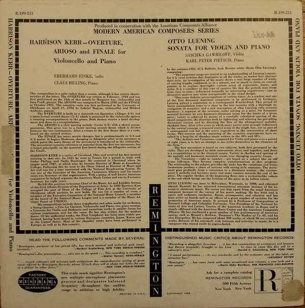 last ned album Harrison Kerr Otto Luening - Sonata For Violonello And PianoSonata For Violin And Piano