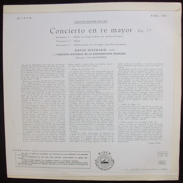 télécharger l'album Brahms Orquesta Nacional De La Radiodufusion Francesa David Oistrakh Otto Klemperer - Brahms Concierto En Re Mayor