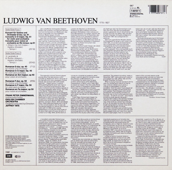 Album herunterladen Beethoven Frank Peter Zimmermann, English Chamber Orchestra, Jeffrey Tate - Violinkonzert Violin Concerto Concerto Pour Violin Romanzen 12