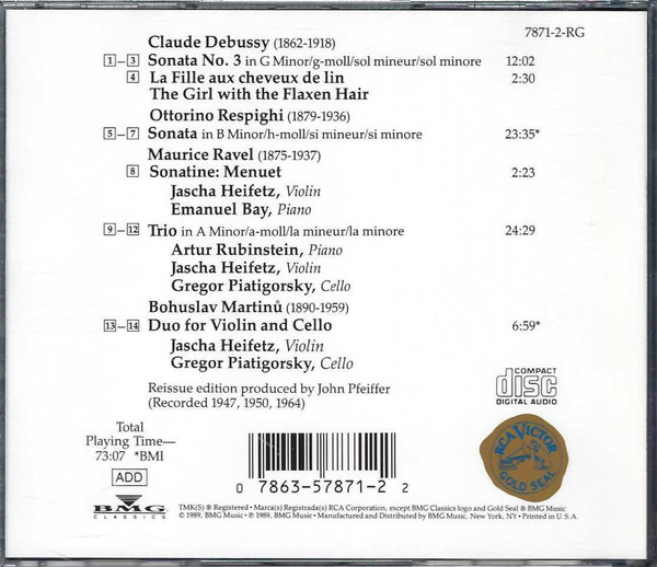 lataa albumi Ravel, Debussy, Respighi, Martinů Heifetz With Rubinstein Piatigorsky - Ravel Trio Debussy Respighi Sonatas Martinů Duo For Violin Cello